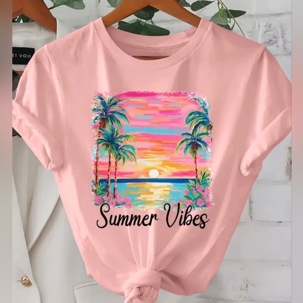 "Summer Vibes" Palm Trees Ocean Sunset Graphics Pink T-Shirt Sz 14 - Picture 1 of 6